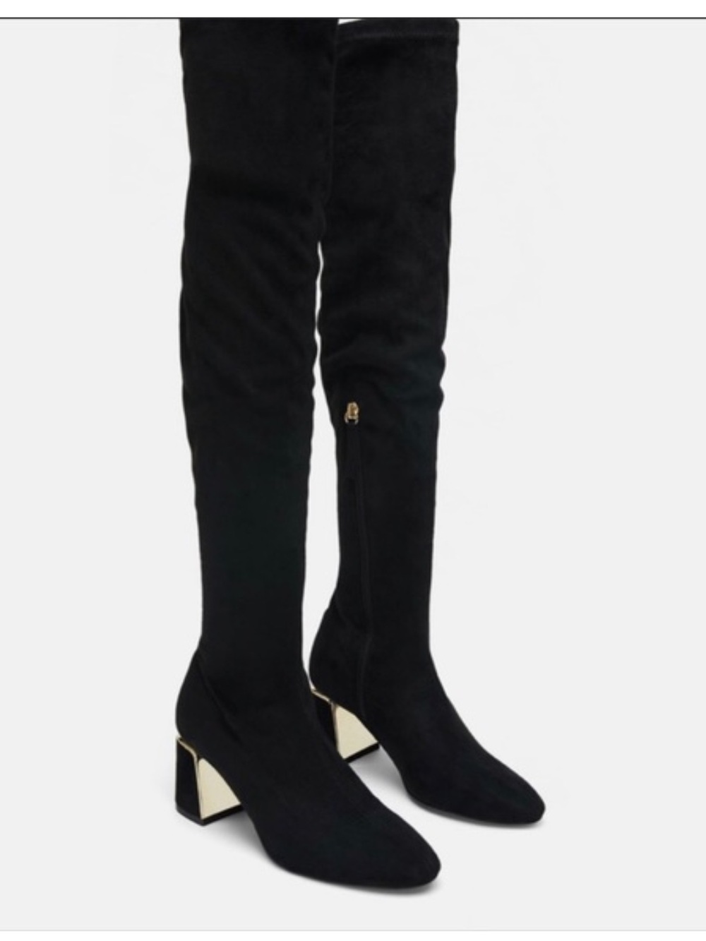 Zara Black Suede Knee-High Block Heel Boots